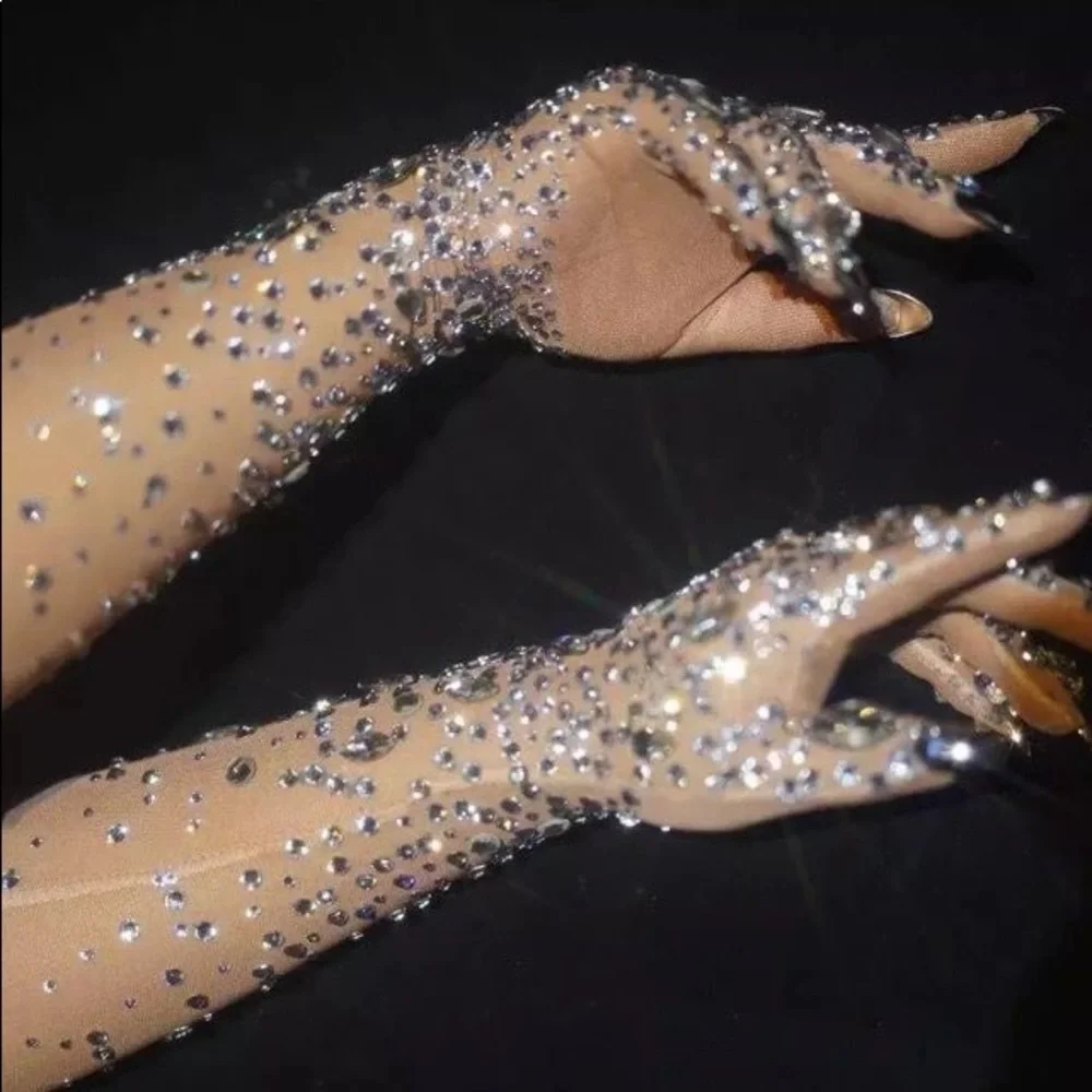 Rhinestones Spandex Elbow Length Gloves Crystals Embellished Long Mittens - Picture 9 of 9